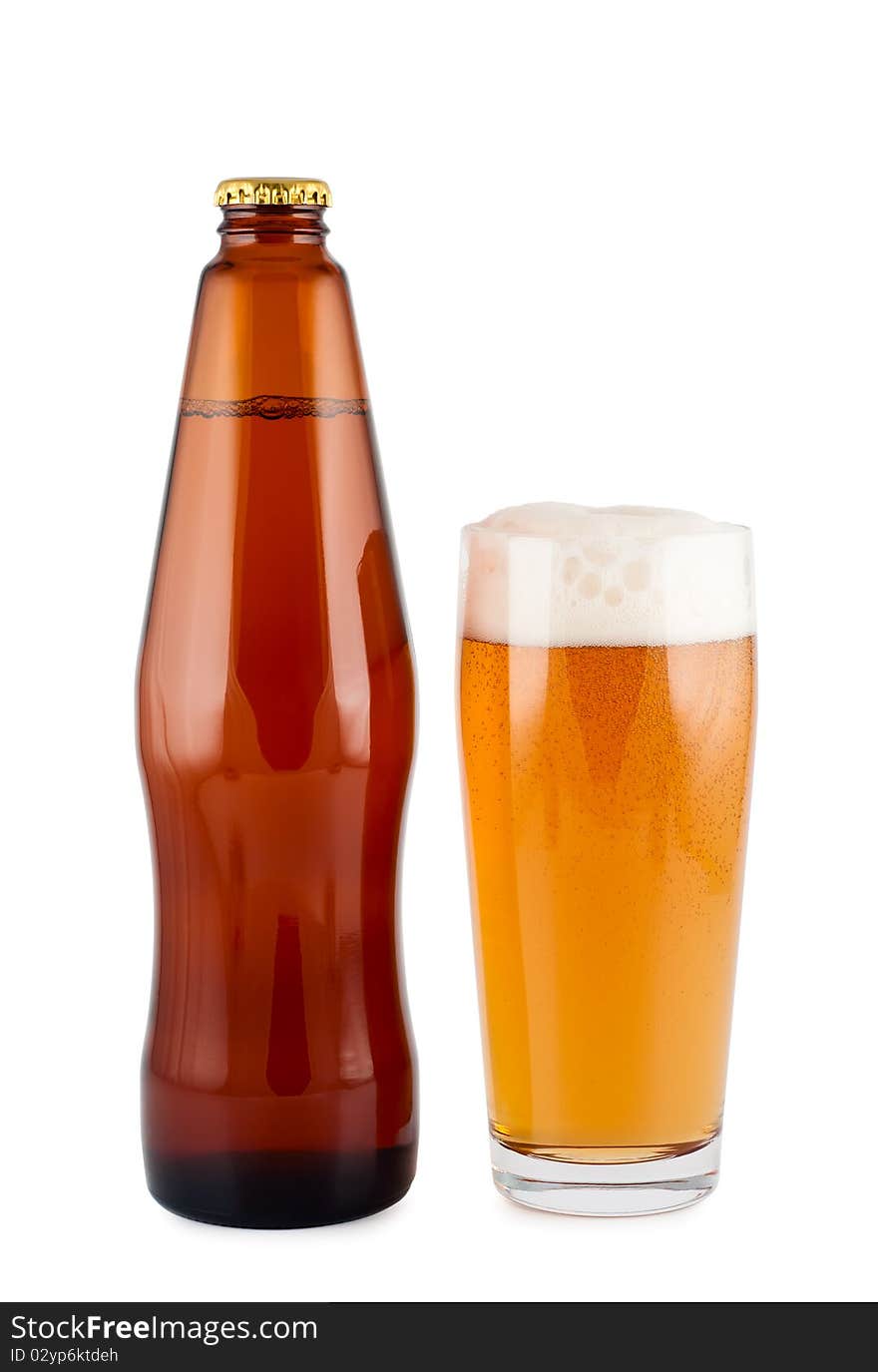 Beer, bottle, glass, isolated on white background. Beer, bottle, glass, isolated on white background.