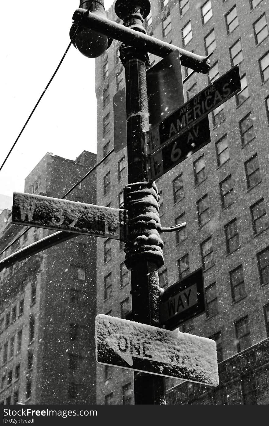 Crossroad in Manhattan with snow. Crossroad in Manhattan with snow