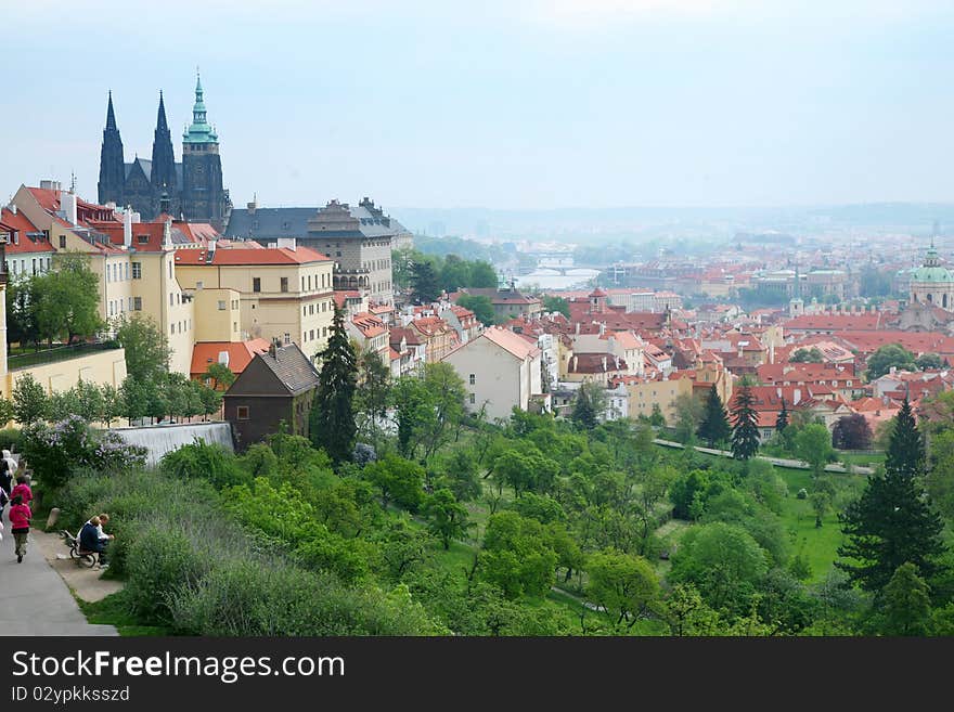 Beautiful landscape of red roofs of Prague's Old Town.