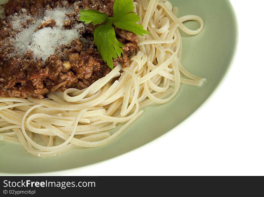 Italian cuisine pasta Bolognese on white background