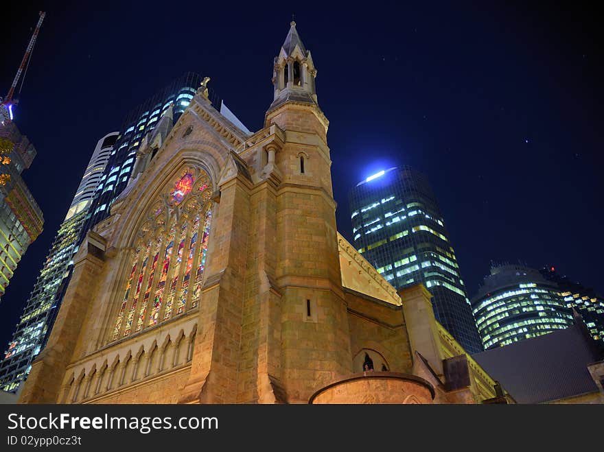 Old and new buildings in Brisbane using HDR method showing different and contrasting architecture at night. Old and new buildings in Brisbane using HDR method showing different and contrasting architecture at night