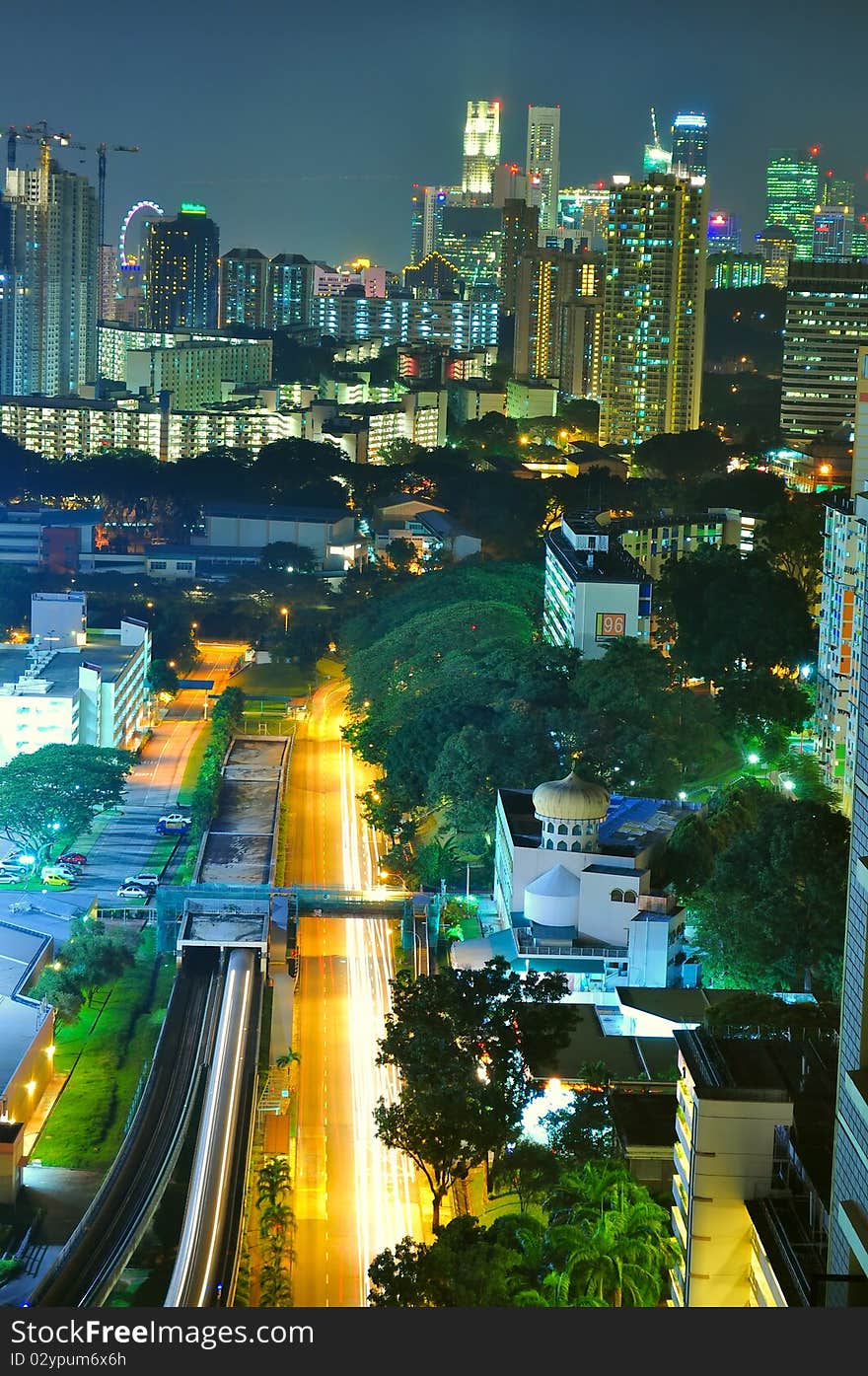 Skyline with road and railway as foreground