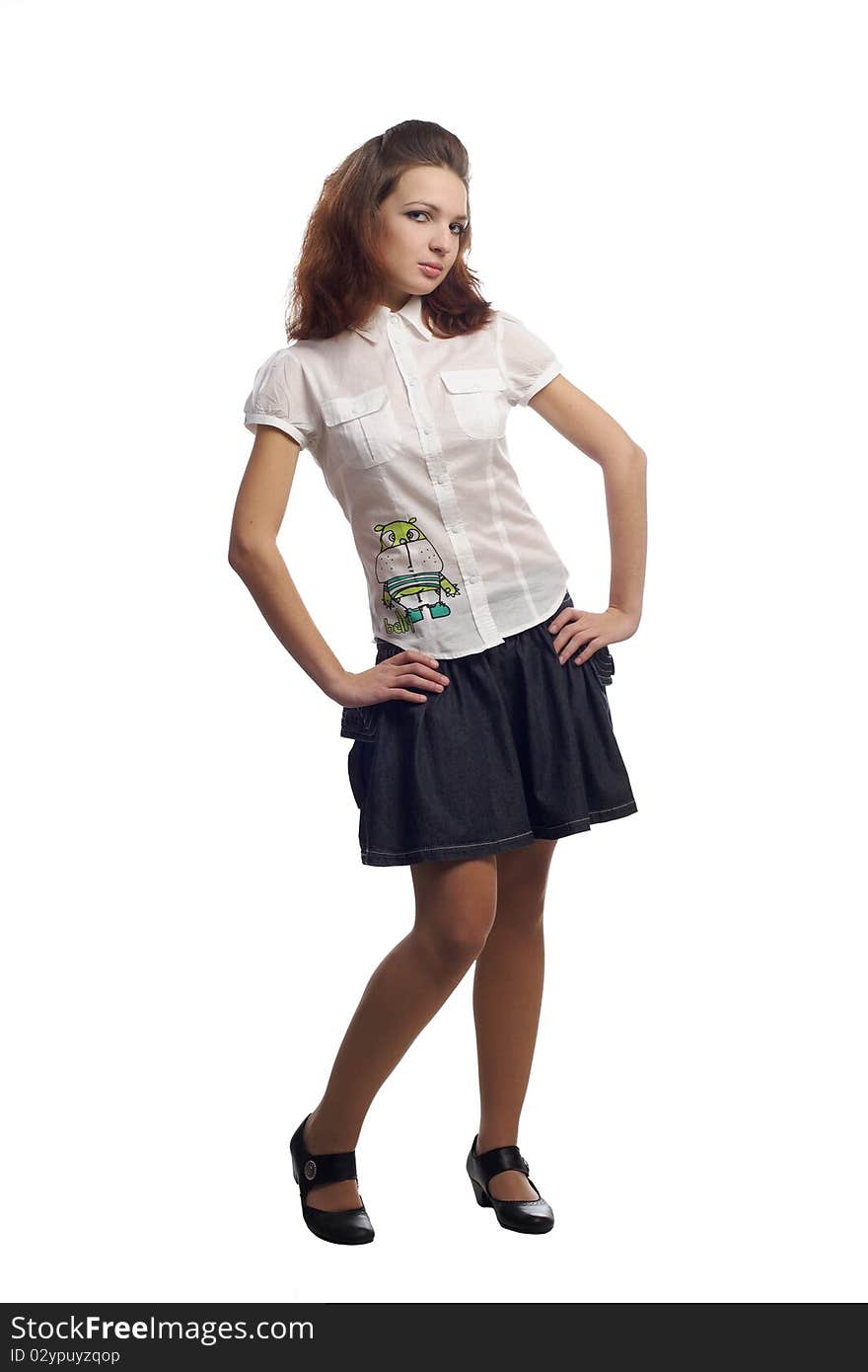 Girl in blouse and skirt standing isolated white