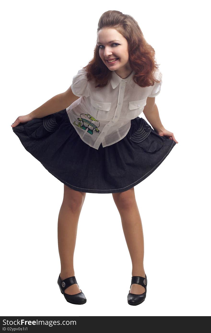 Girl in blouse and skirt standing isolated white