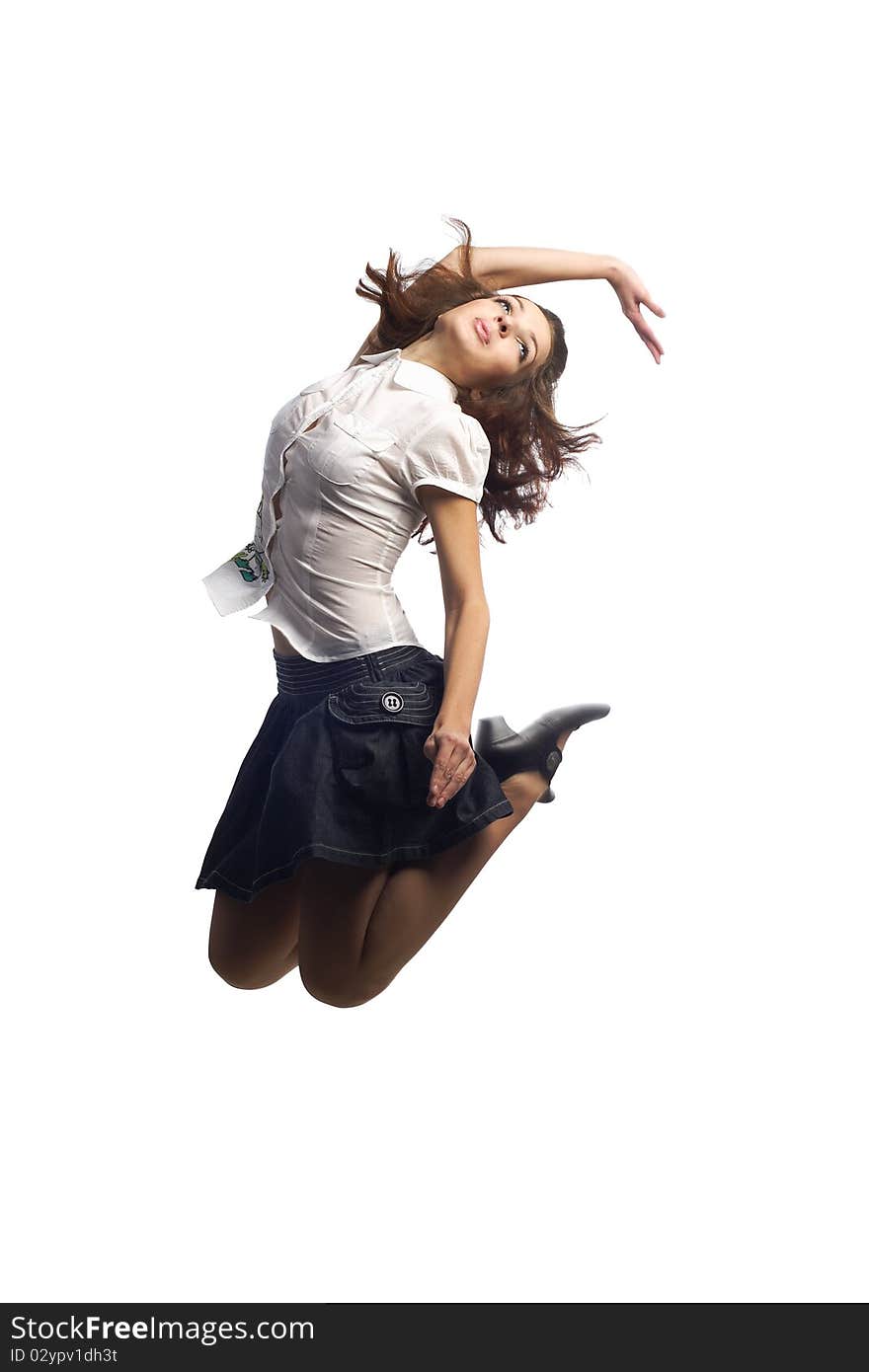 Girl in skirt jumping  isolated white