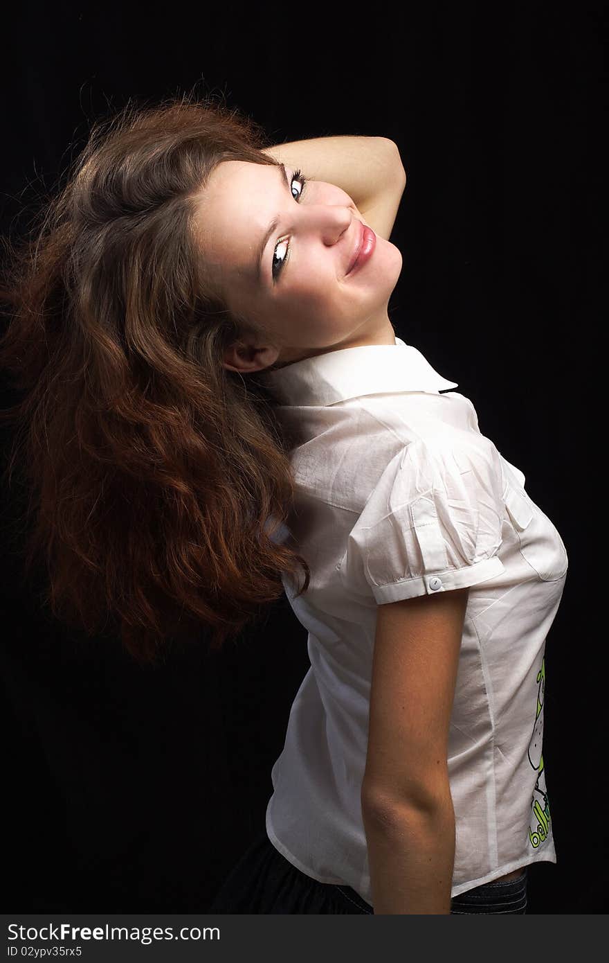 Girl Dishevelled Hair Isolated Black Background