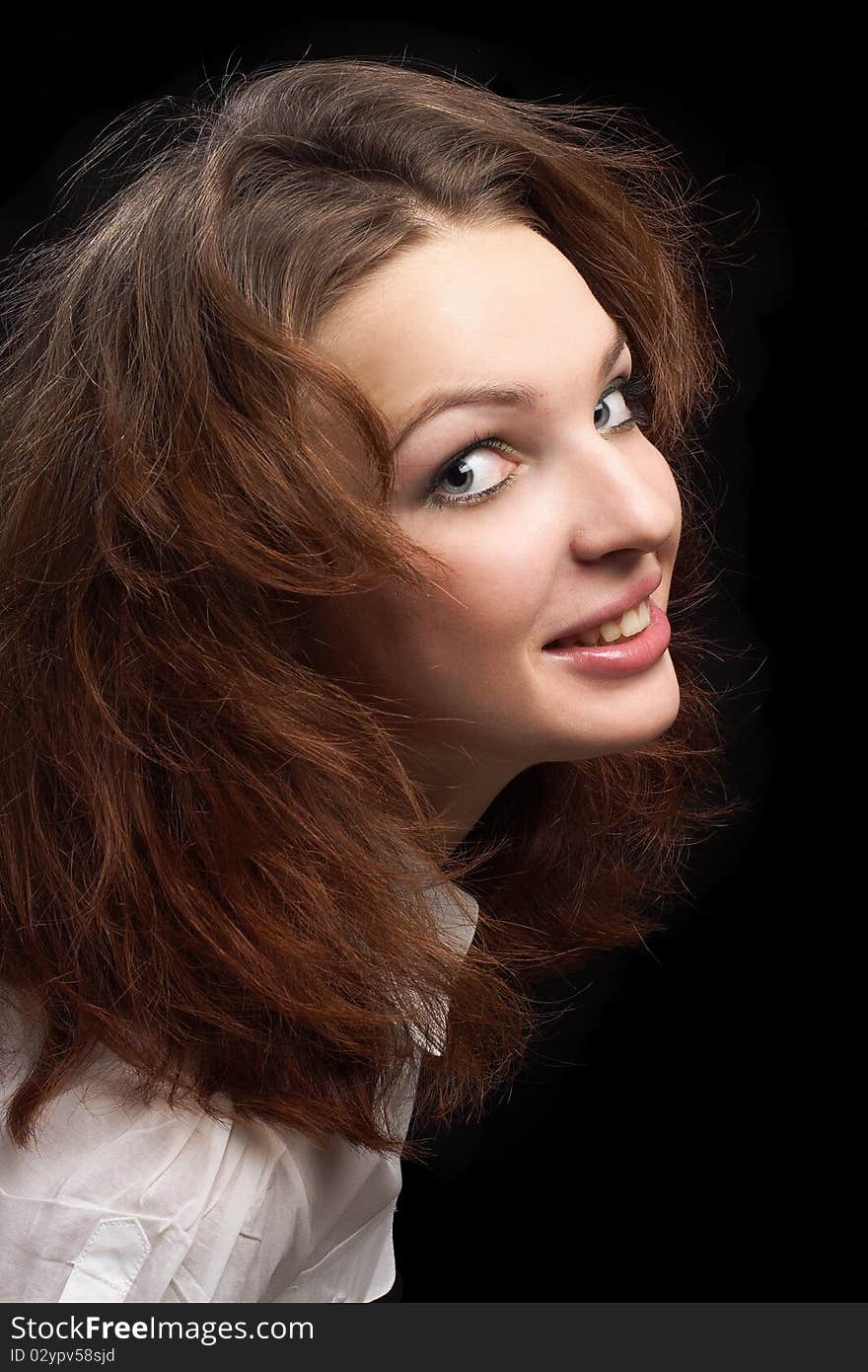 Girl looking surprised dishevelled hair isolated