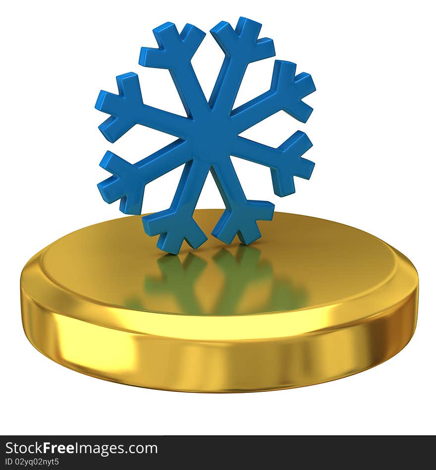 Snowflake on gold podium isolated on white background