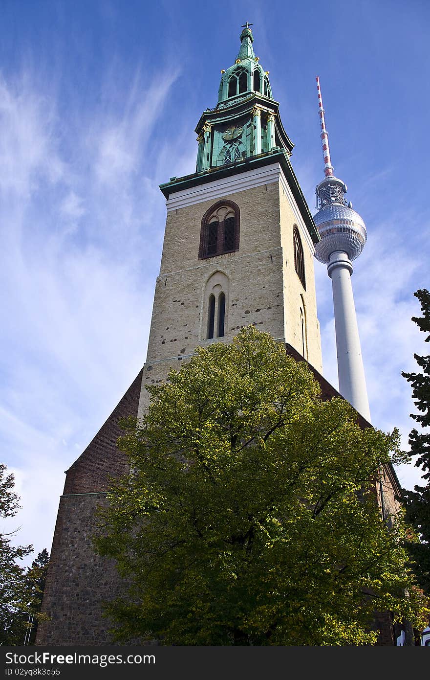 Church and TV tower in the city center of Berlin