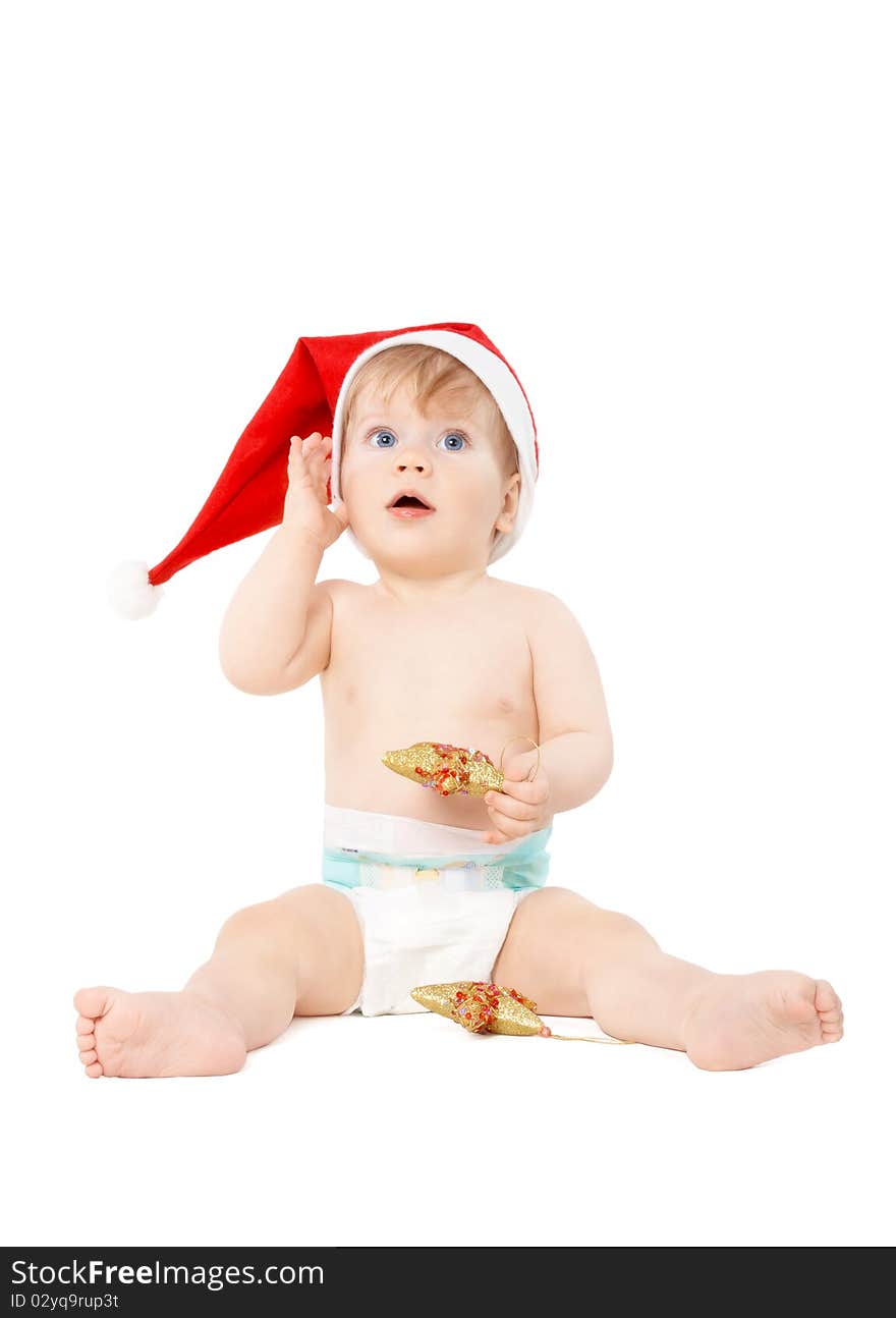 Santa! Where Are You? Cute baby in a Santa hat isolated on white