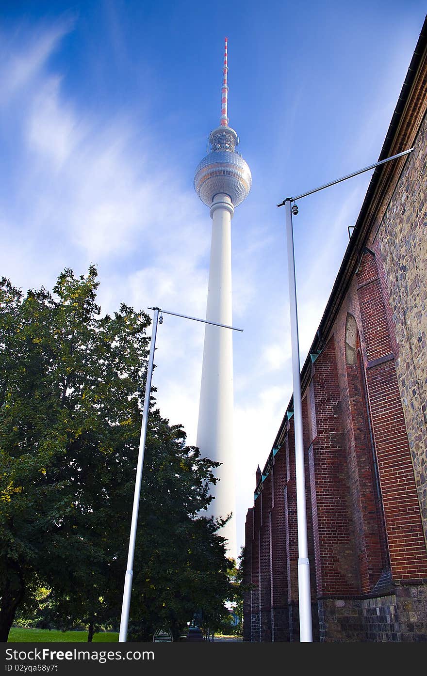 Church and TV tower in the city center of Berlin