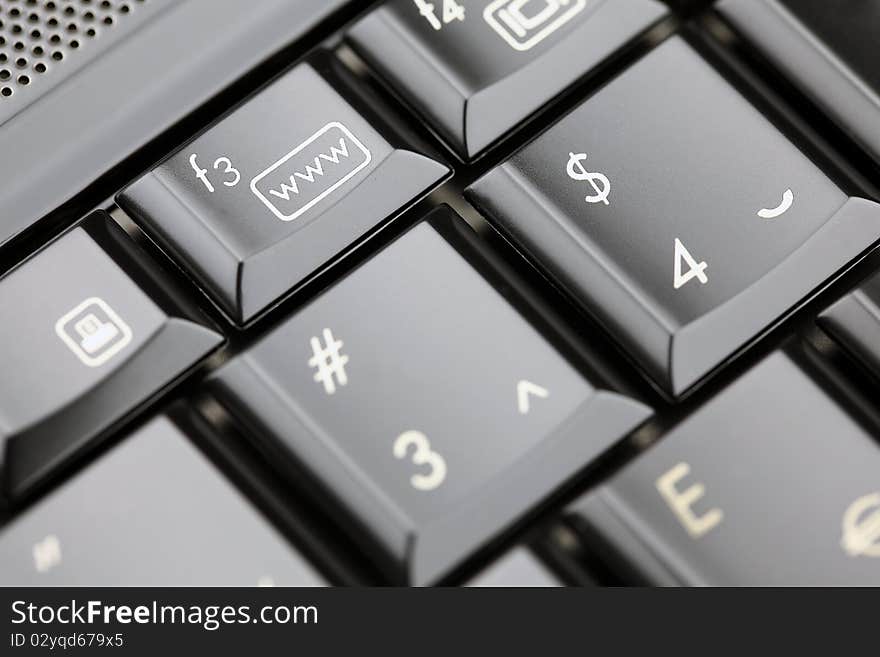 Closeup of laptop keyboard. Emphasis on www button. Shallow depth of field. Studio work.