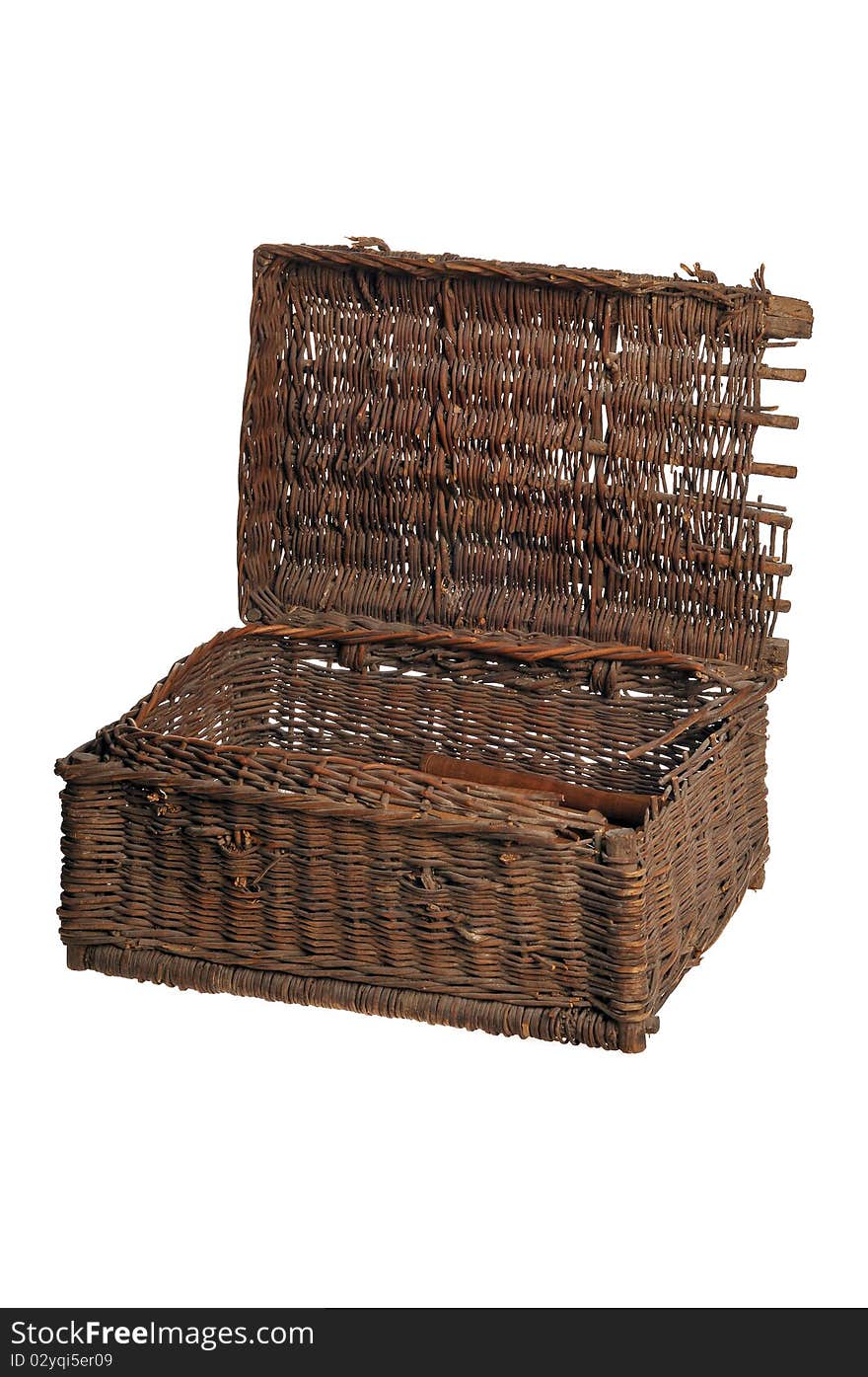 Old wattled basket with an open cover on a white background