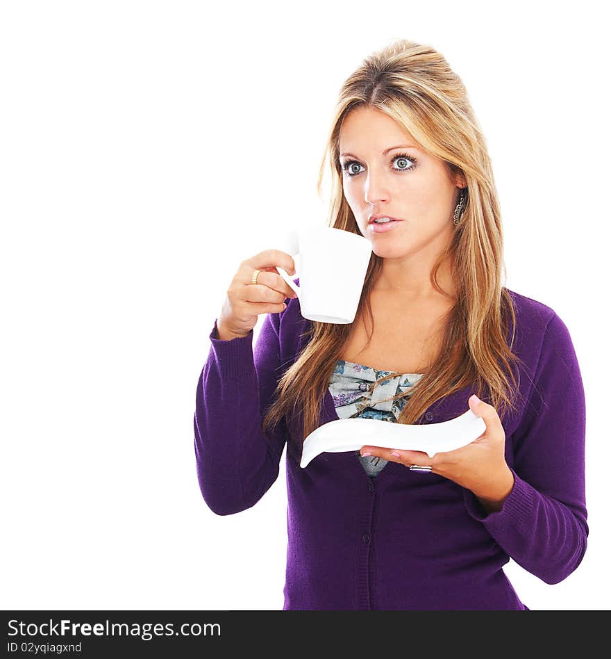 Woman Drinking Coffee Isolated