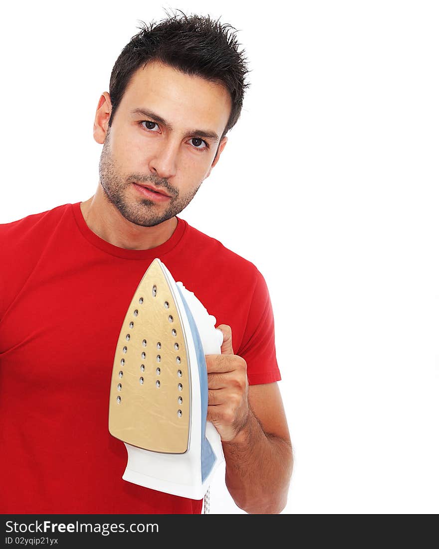 Young man with dark hair and dark eyes posing on white background. Young man with dark hair and dark eyes posing on white background