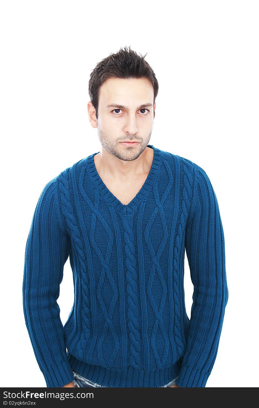 Young man with dark hair and dark eyes posing on white background. Young man with dark hair and dark eyes posing on white background