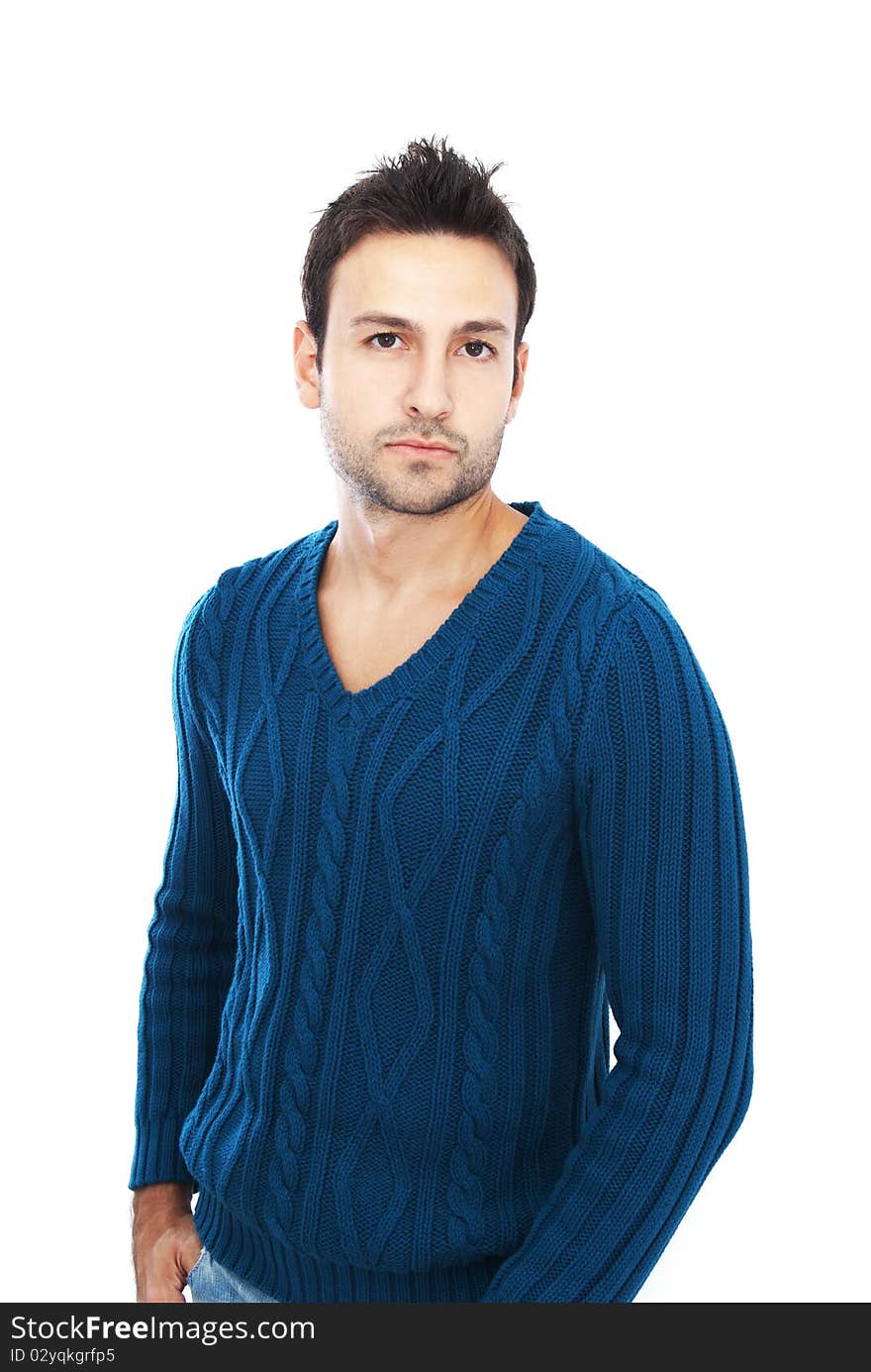 Young man with dark hair and dark eyes posing on white background. Young man with dark hair and dark eyes posing on white background