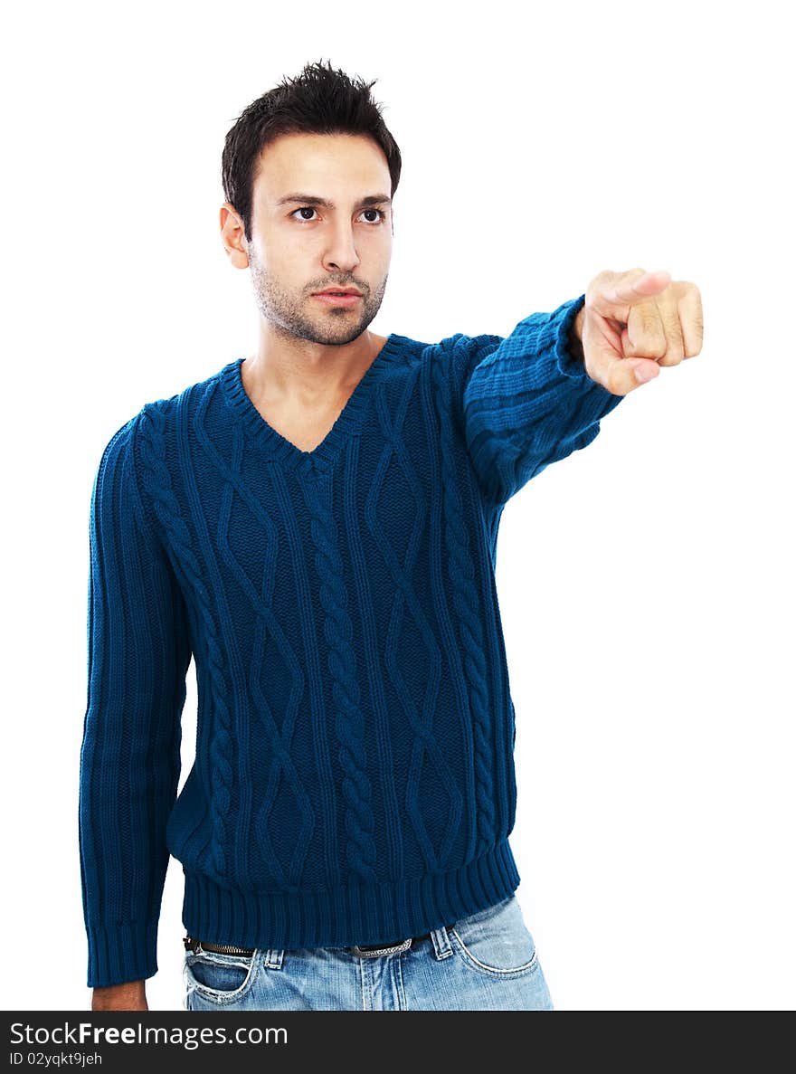 Young man with dark hair and dark eyes posing on white background. Young man with dark hair and dark eyes posing on white background