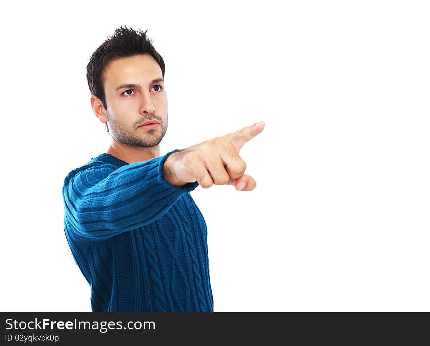 Young man with dark hair and dark eyes posing on white background. Young man with dark hair and dark eyes posing on white background