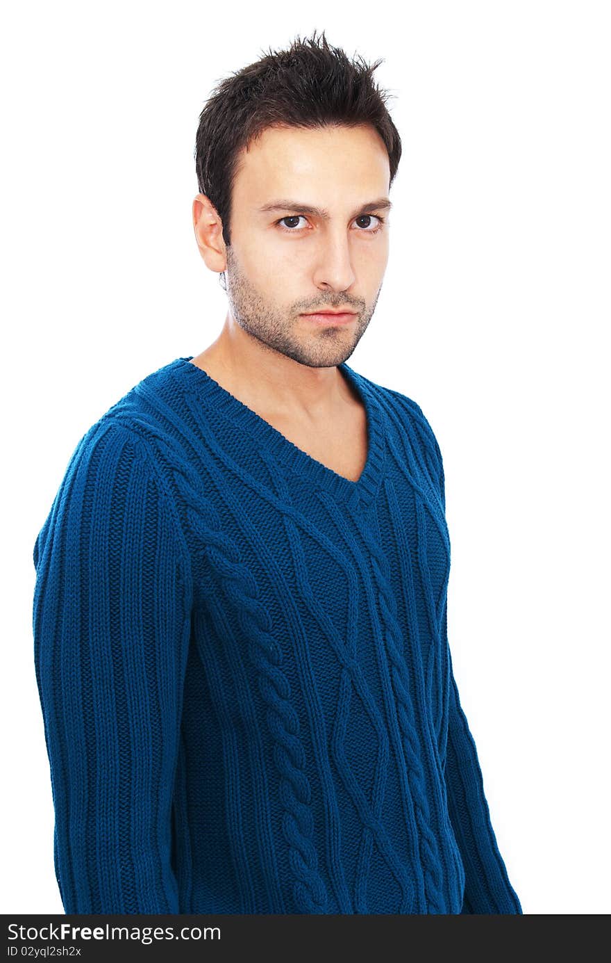 Young man with dark hair and dark eyes posing on white background. Young man with dark hair and dark eyes posing on white background