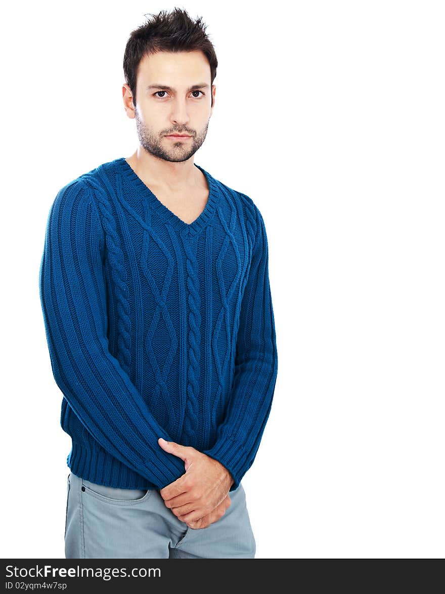 Young man with dark hair and dark eyes posing on white background. Young man with dark hair and dark eyes posing on white background