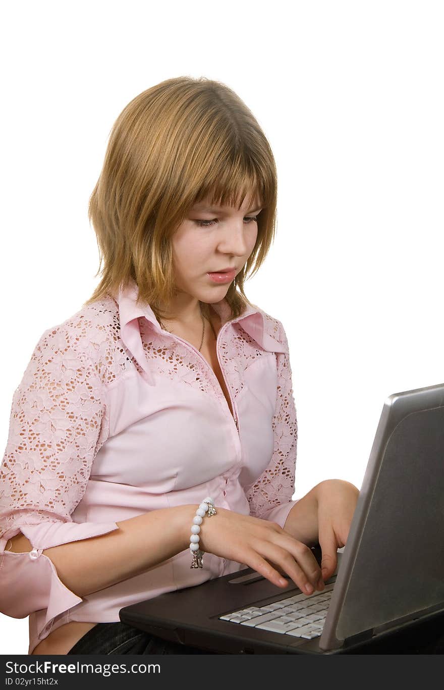 Girl with computer insulated on white background. Girl with computer insulated on white background