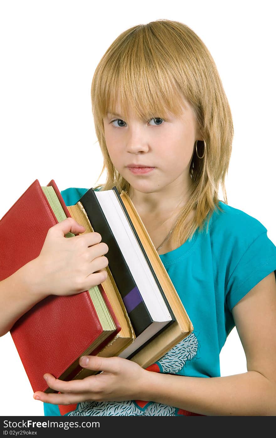 Girl with book is insulated on white background