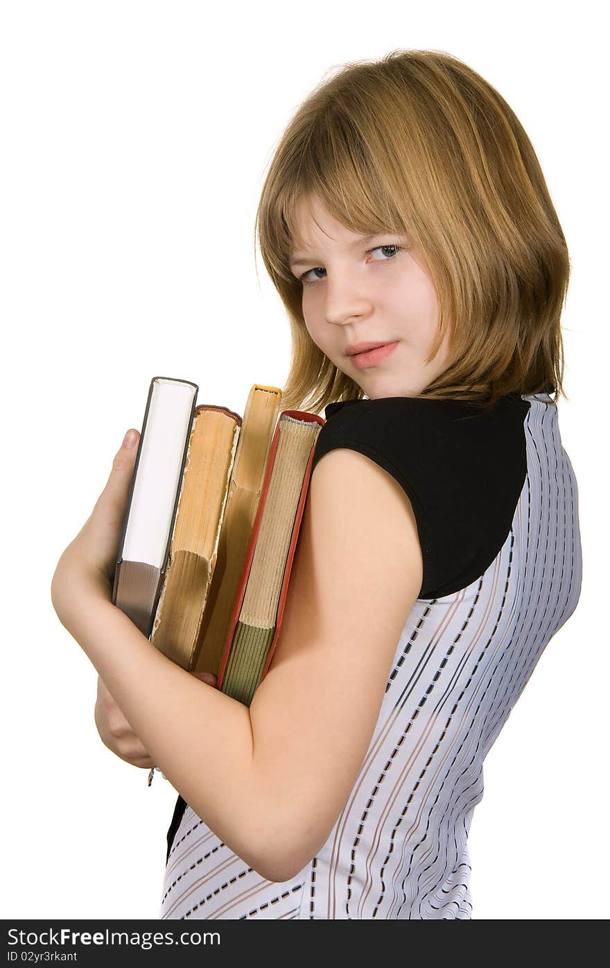 Girl isolated on white background keeps books. Girl isolated on white background keeps books