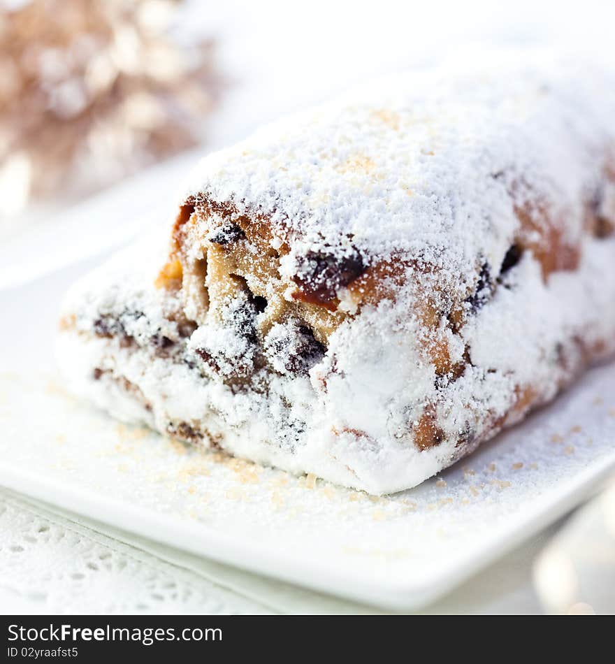 Closeup of christmas stollen with powdered sugar. Closeup of christmas stollen with powdered sugar