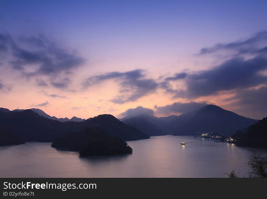 Beautiful sunset at reservoir in the autumn, Taiwan,