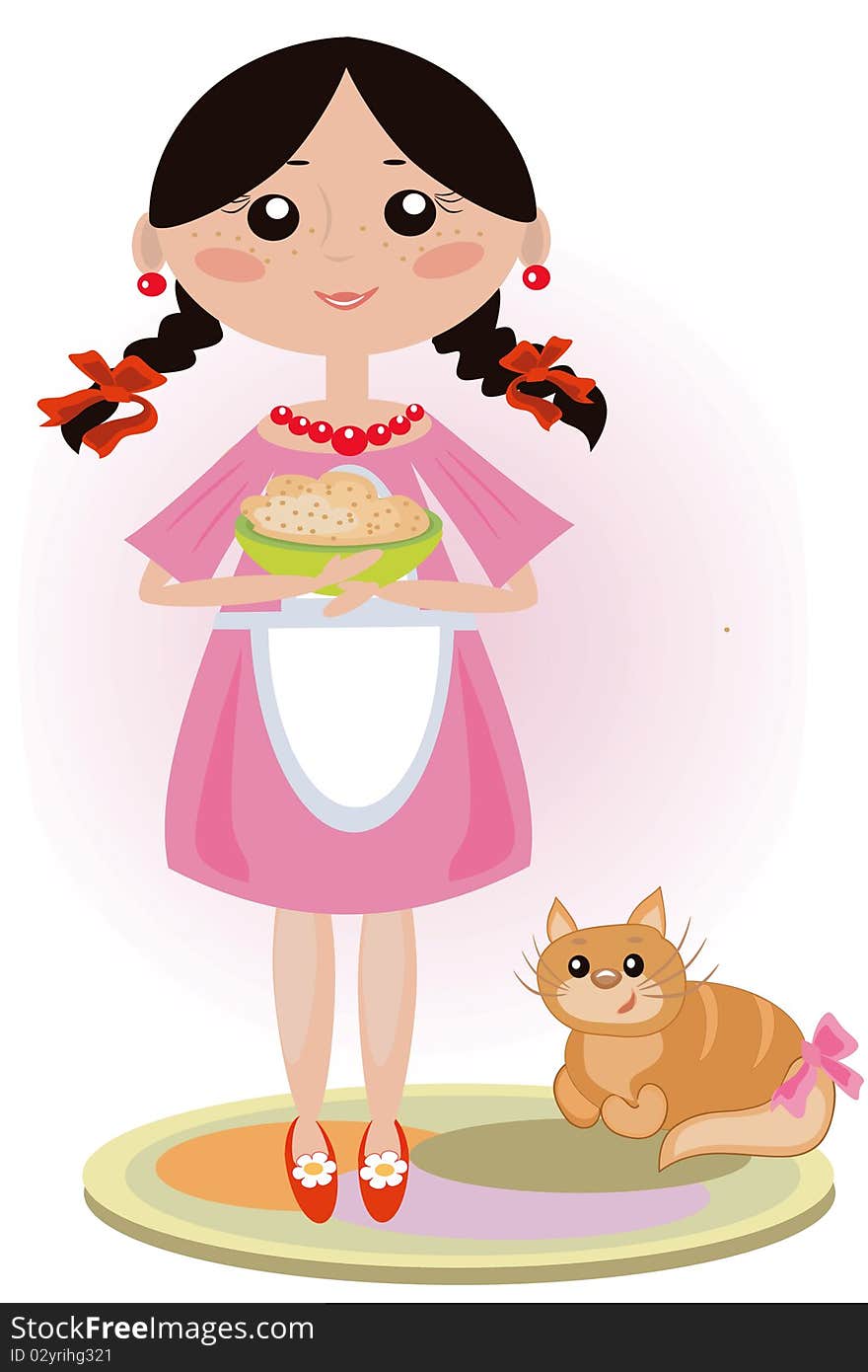 Girl brunette in the pink dress feeds cat. Girl brunette in the pink dress feeds cat