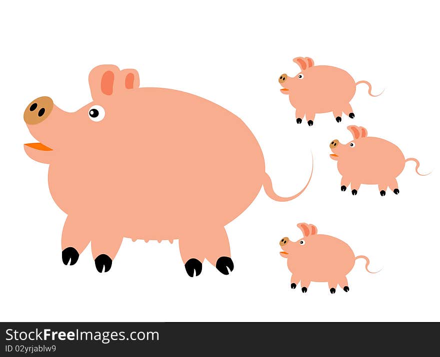 Big pig with three small pigs. Big pig with three small pigs