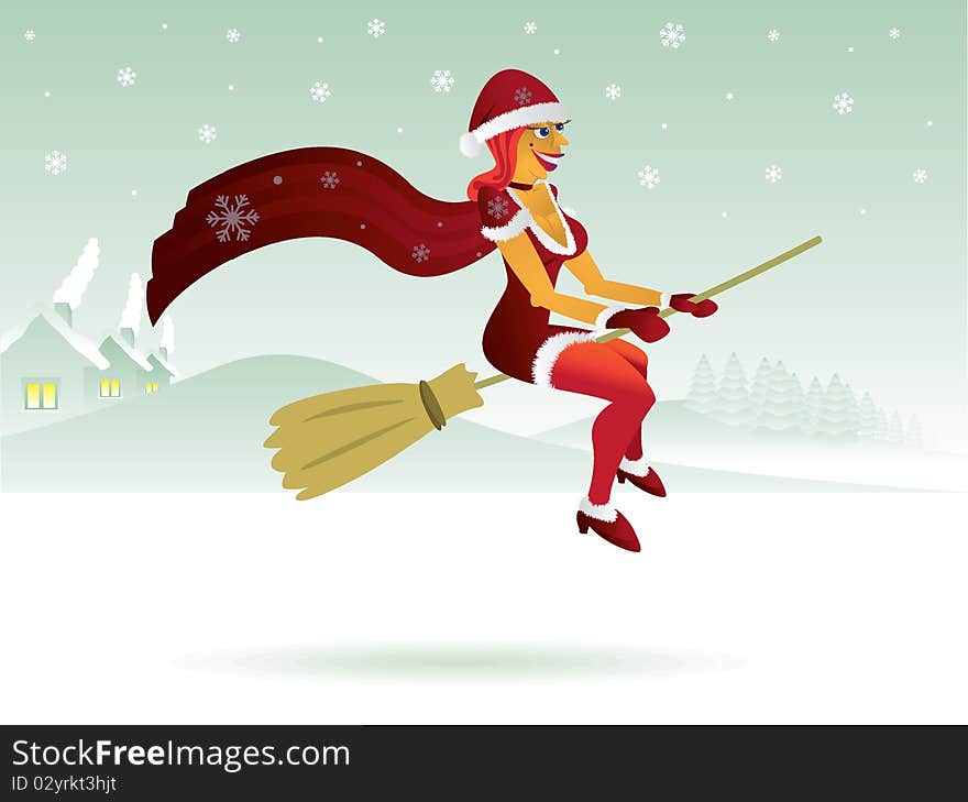 witch in christmas red dress with broom. witch in christmas red dress with broom