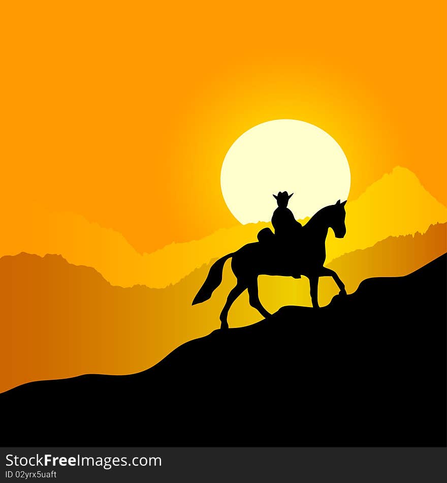 Evening mountain landscape. The lonely horseman against a sunset in mountains. Evening mountain landscape. The lonely horseman against a sunset in mountains.