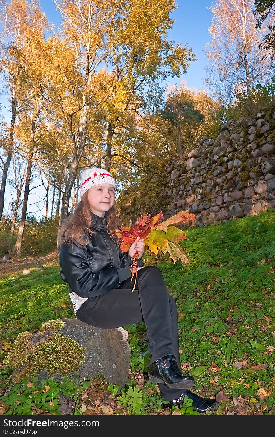 The girl in the autumn with a bouquet of leaves on a stone. The girl in the autumn with a bouquet of leaves on a stone