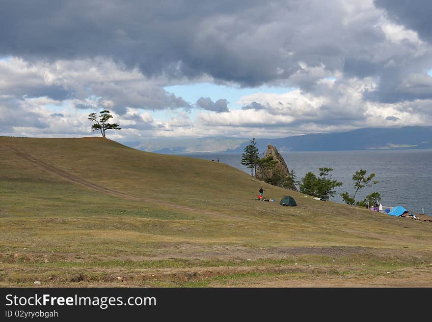 Baikal. Olhon island. View at shaman rock.