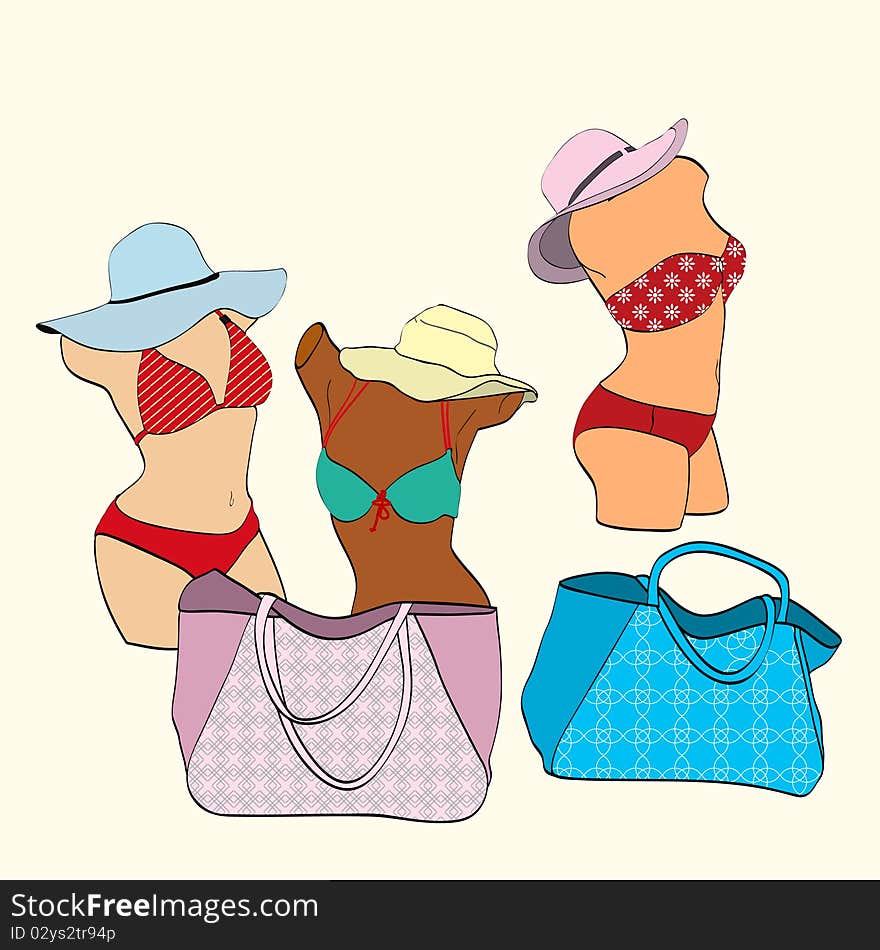 Mannequins women in bikinis and beach bags