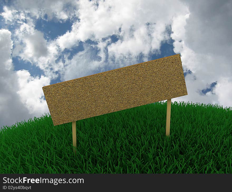 Sign in the grass against the sky with clouds