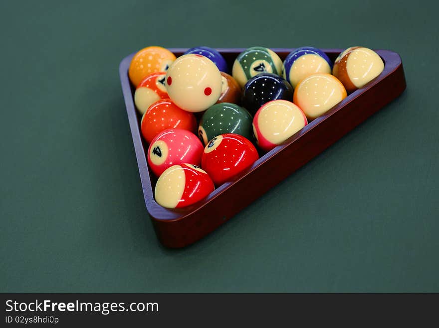 Overhead view of racked pool balls on pool table. Overhead view of racked pool balls on pool table.