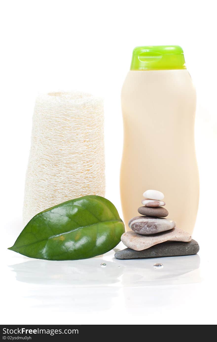 Loofah, green leaf, shampoo and stones