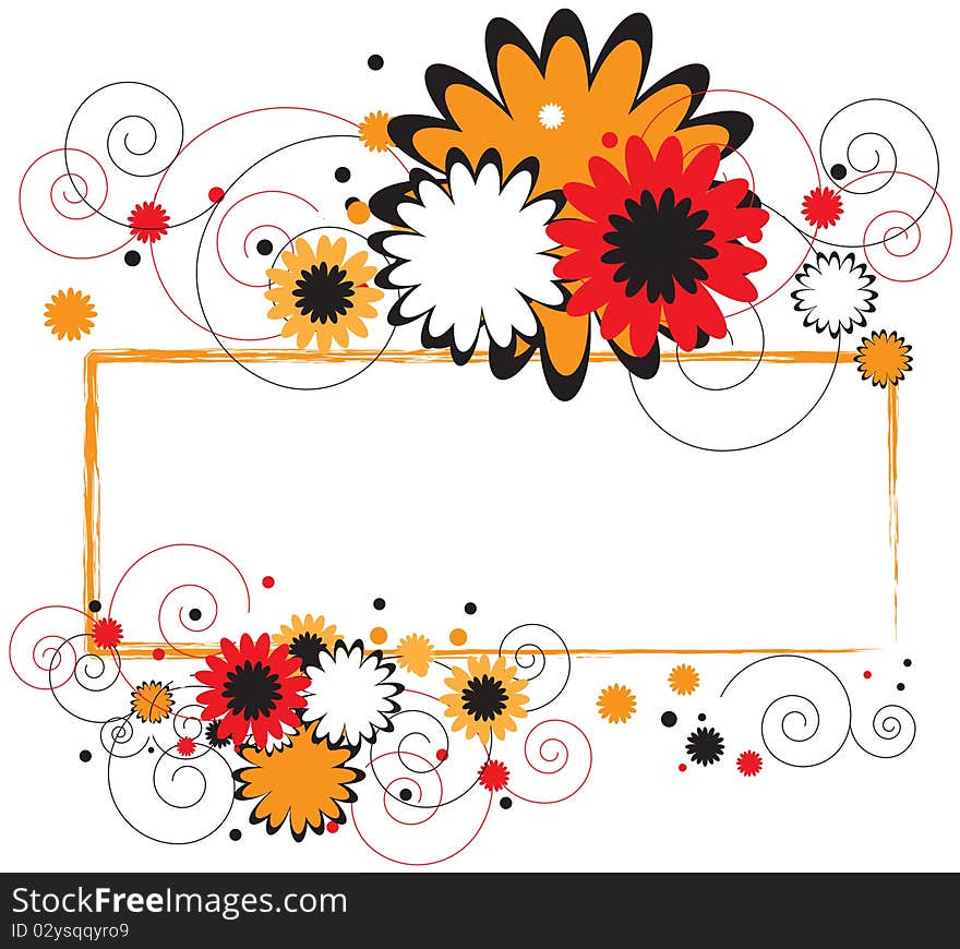 Floral Banner with orange, red and black flowers.