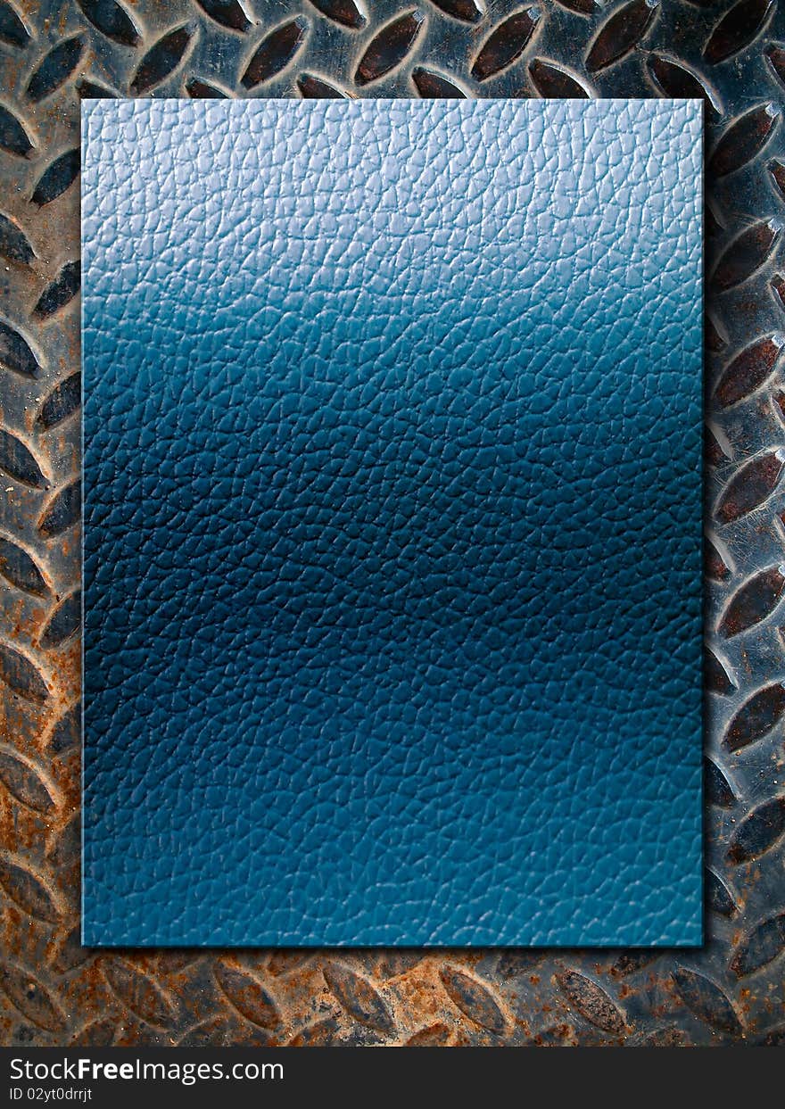 Blue leather texture on grunge steel plate