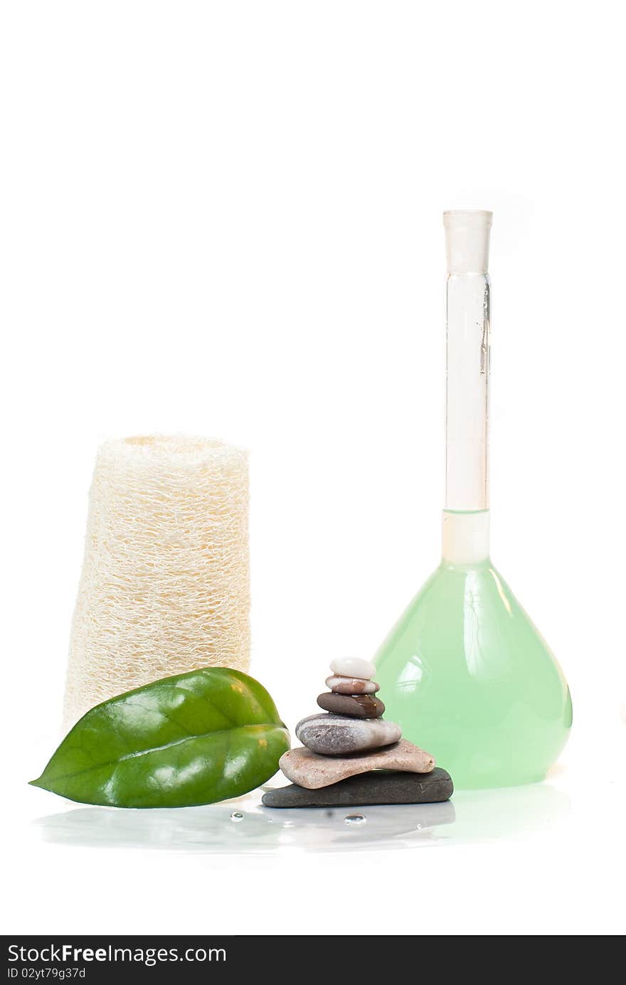 Loofah,green leaf, shampoo and stones