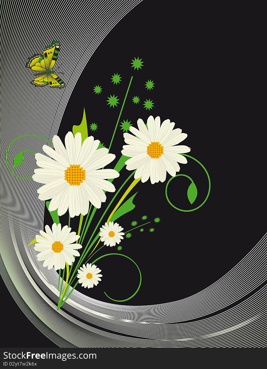 Abstract background with daisies and butterflies