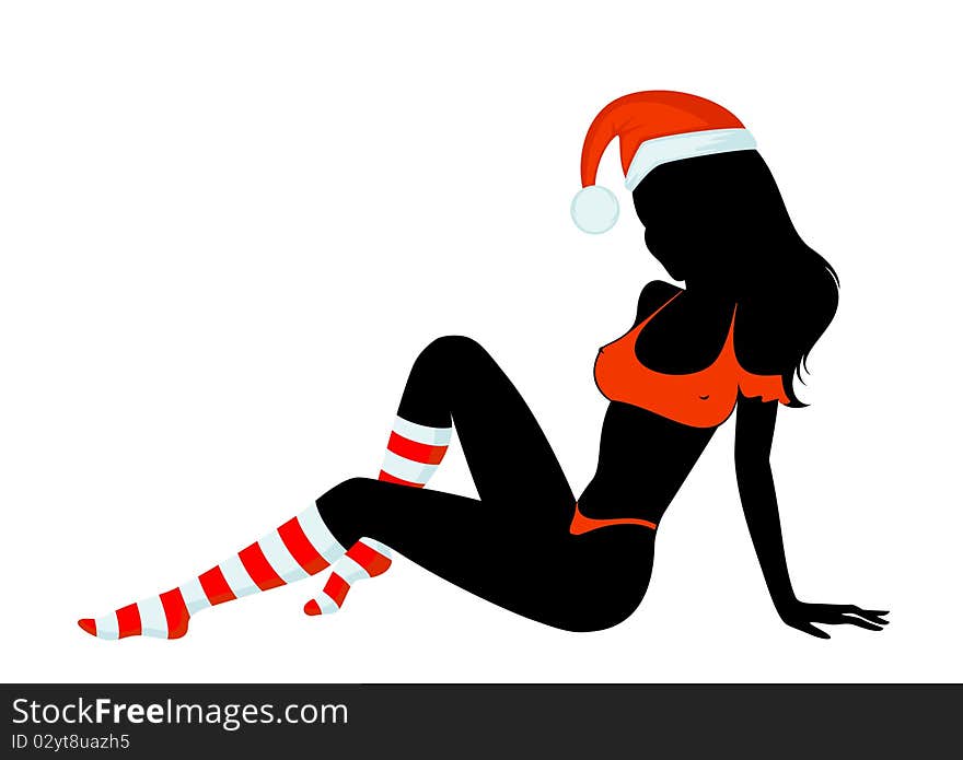 Silhouette of beautiful girl is in socks and cap of Santa Claus.