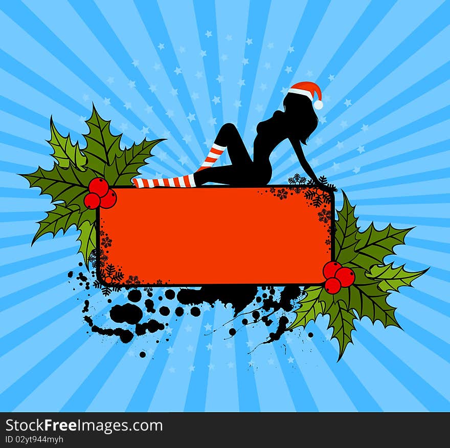 Silhouette of beautiful girl is in socks and cap of Santa Claus.