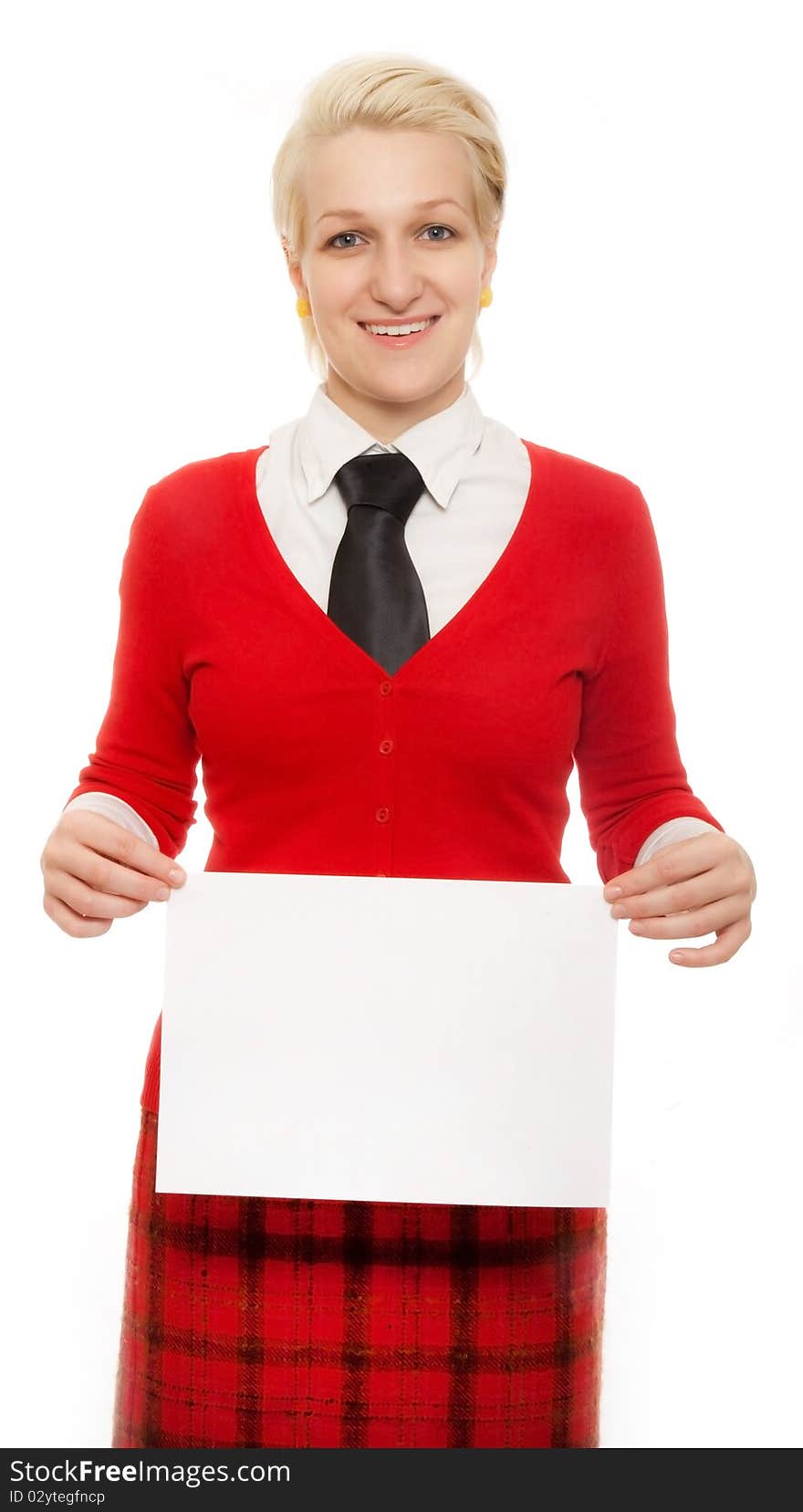 Business woman with a plate isolated on a white