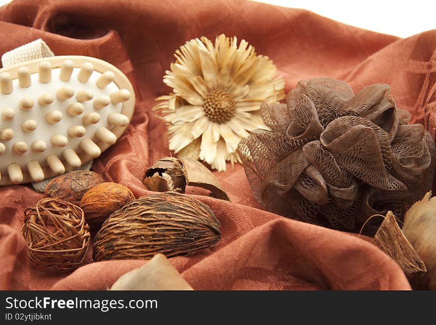 Massage brush with sponge and nut-stale on table cloth. Massage brush with sponge and nut-stale on table cloth