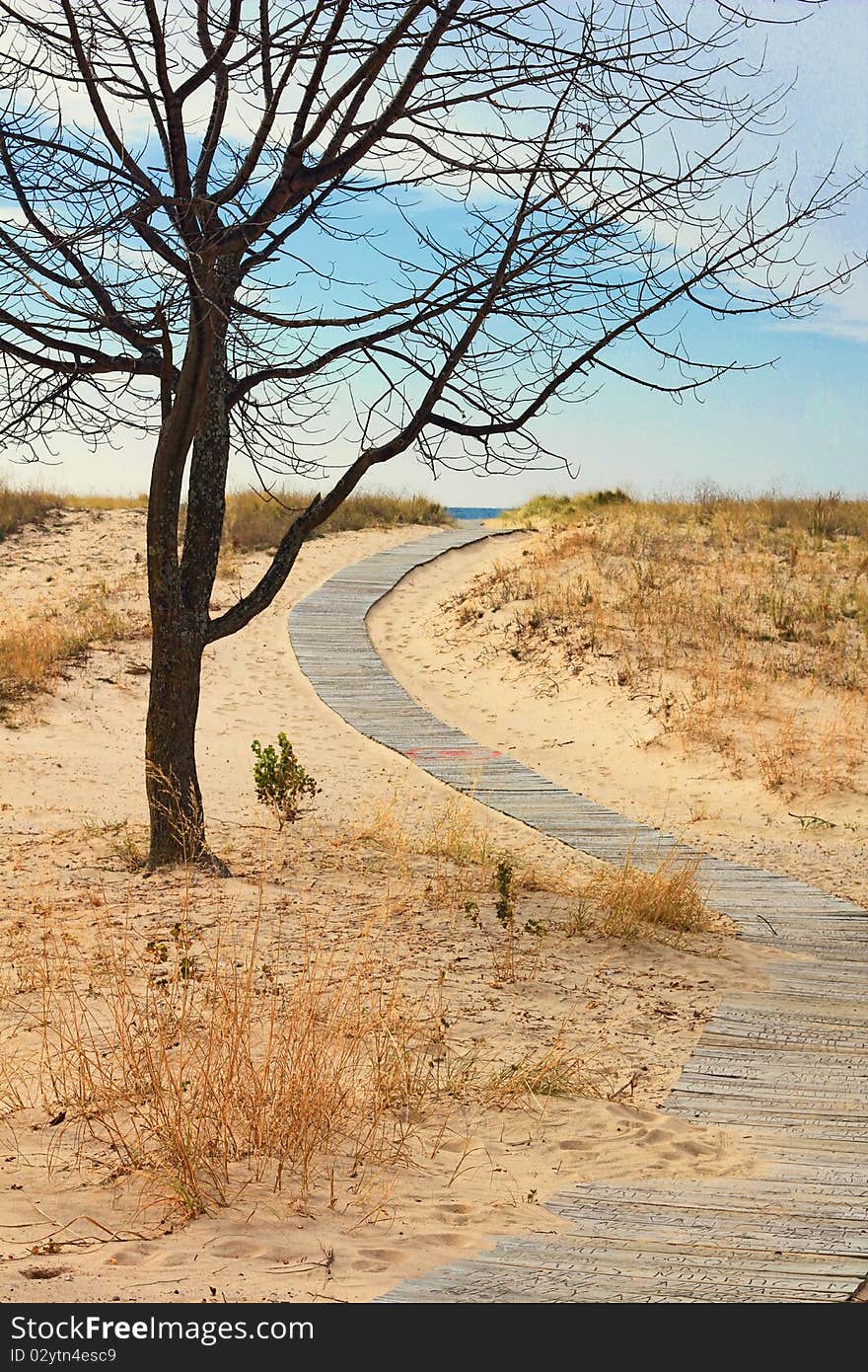 A boardwalk curves towards the beach on the sand of Elberta beach in Michigan. A tiny bit of Lake Michigan can be seen on the horizon. A boardwalk curves towards the beach on the sand of Elberta beach in Michigan. A tiny bit of Lake Michigan can be seen on the horizon.