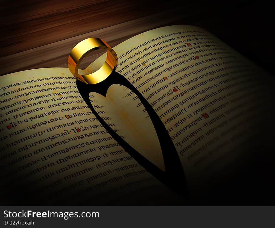 Gold ring casts the shadow of a heart against the pages of a book. Gold ring casts the shadow of a heart against the pages of a book